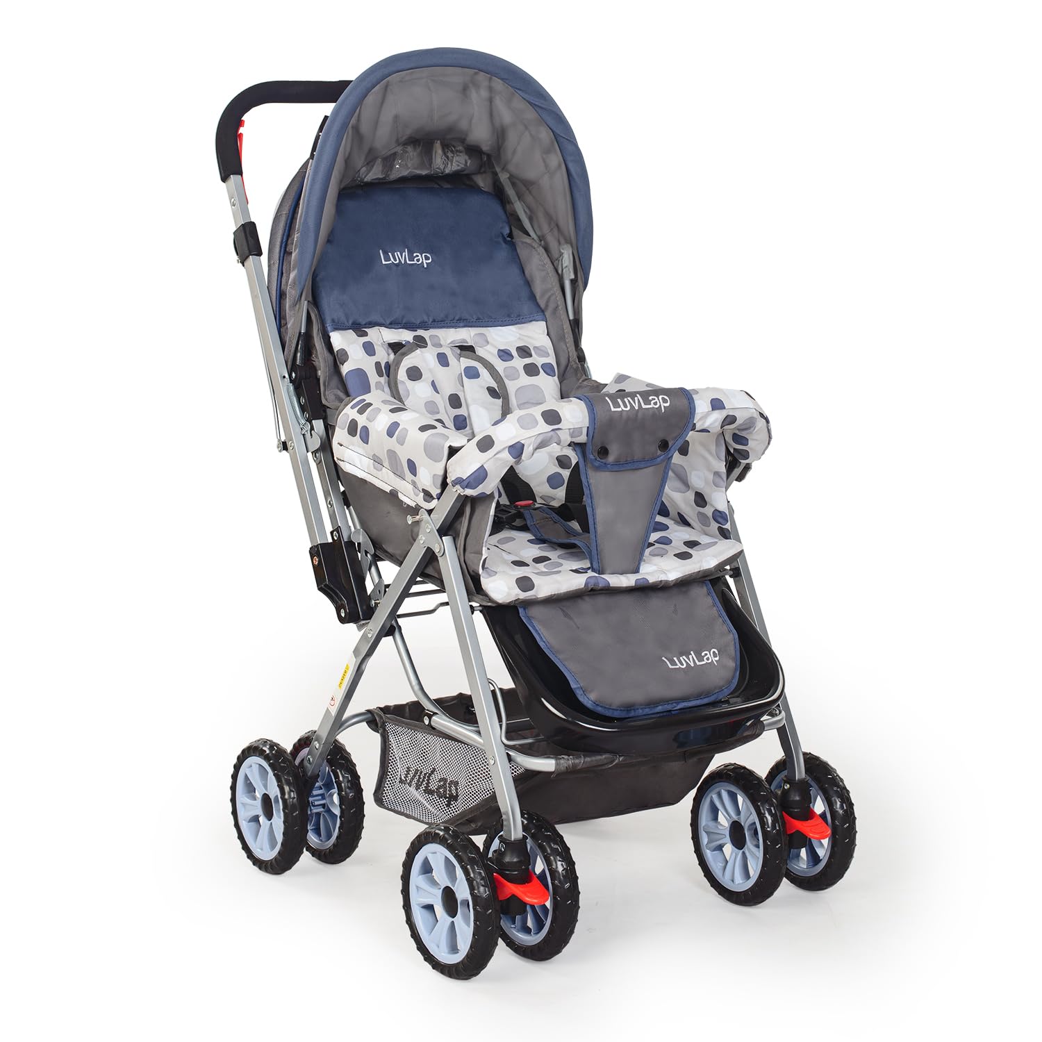 LuvLap Sunshine red and black baby stroller with 5-point safety harness. www,usmile.toys